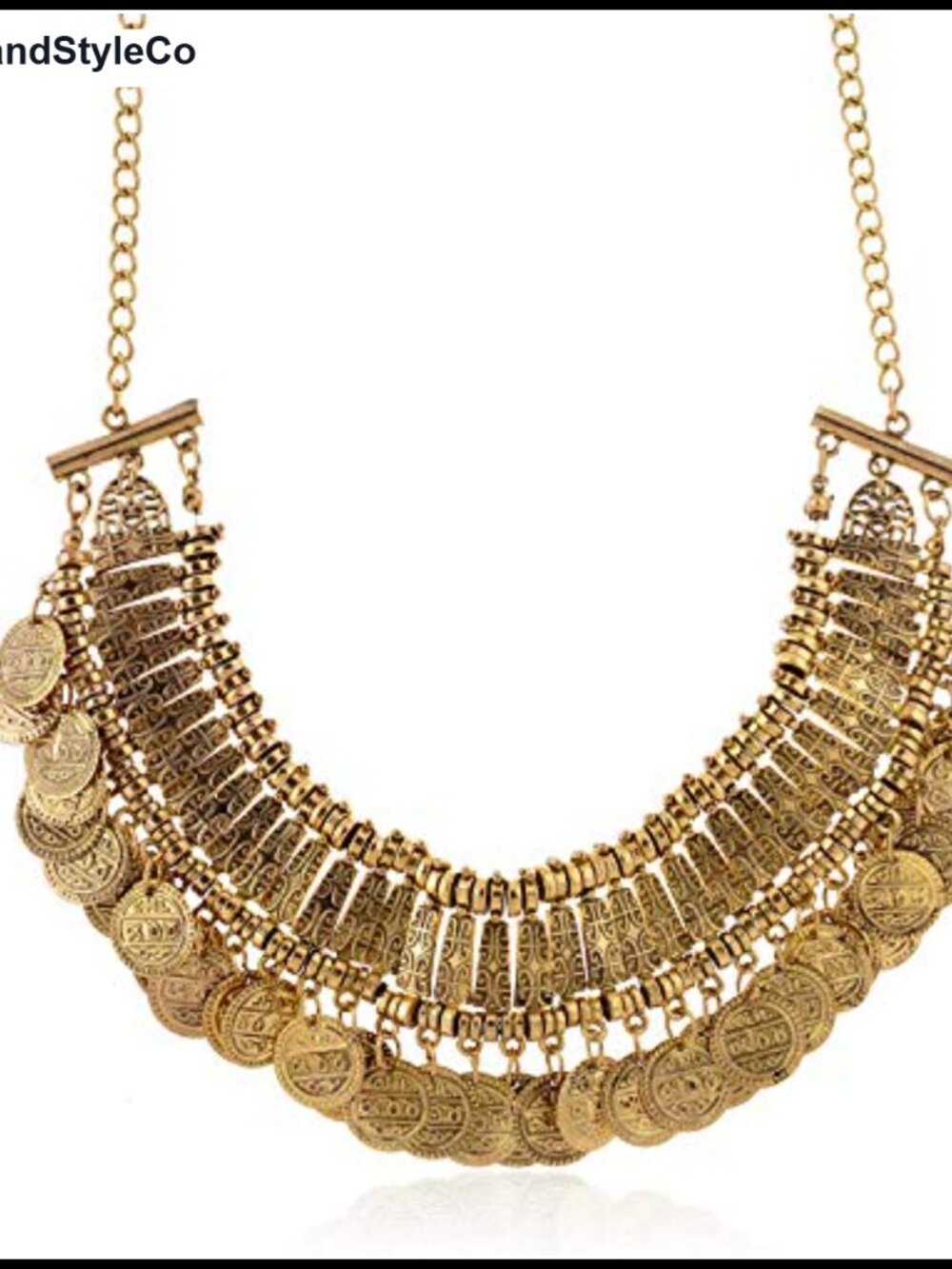 Vintage Engraved Coin Bib Statement Necklace Antique Gold Finish Lobster Clasp